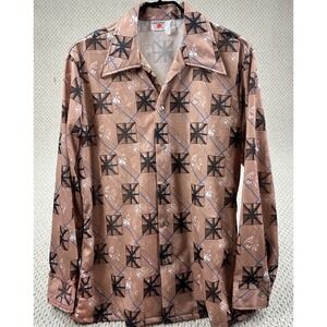 Vtg California Styled Shirt Mens L Brown 70s Disco Mod Geometric Long Sleeve